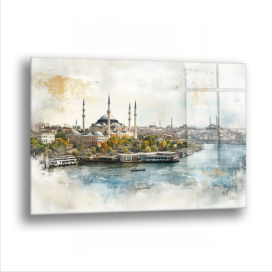 Suluboya İstanbul Silueti cam tablo — Haliç kıyısında sıralanan yapılar ve kubbeler, suluboyanın soluk tonlarıyla uzanıyor.