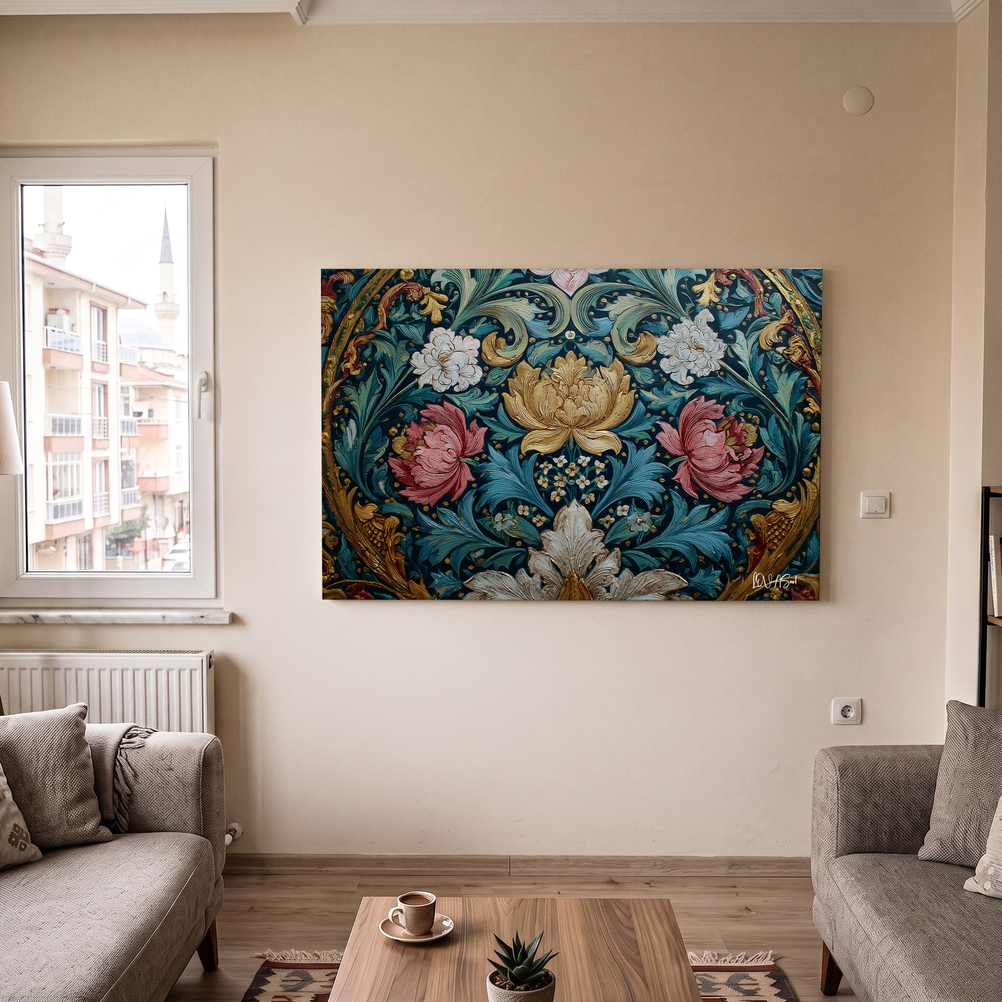 Süslü Çiçek Deseni kanvas tablo — alternatif mekân görünümü