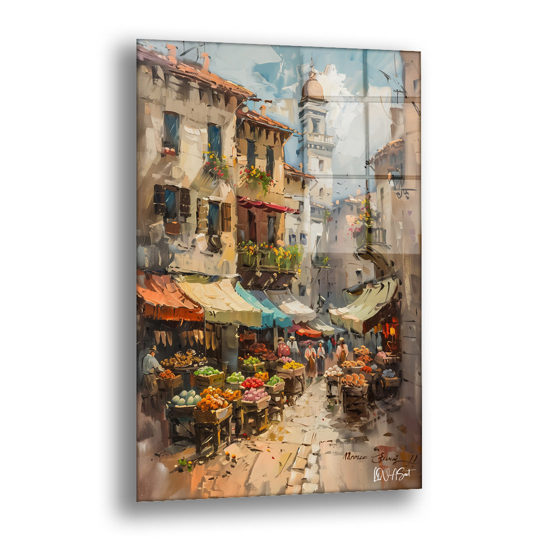 Taş Sokakta Kafe cam tablo — tenteli pazar tezgâhlarıyla dolu dar bir taş sokağı canlı fırça darbeleriyle anlatıyor.