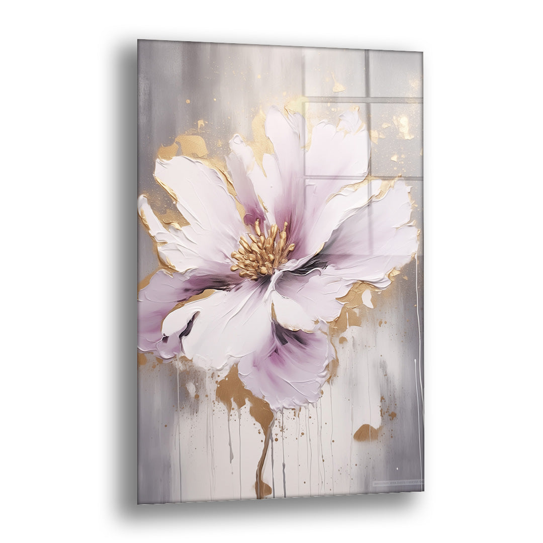 Tek Pembe cam tablo — gri ve altın zemin üzerinde açan iri pudra pembe bir çiçeği yakın planda sunuyor.