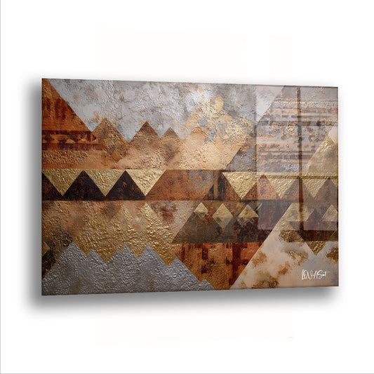 Toprak Tonlu Üçgenler cam tablo — Altın ve kiremit üçgenler bir kilim deseni gibi sıralanıyor.
