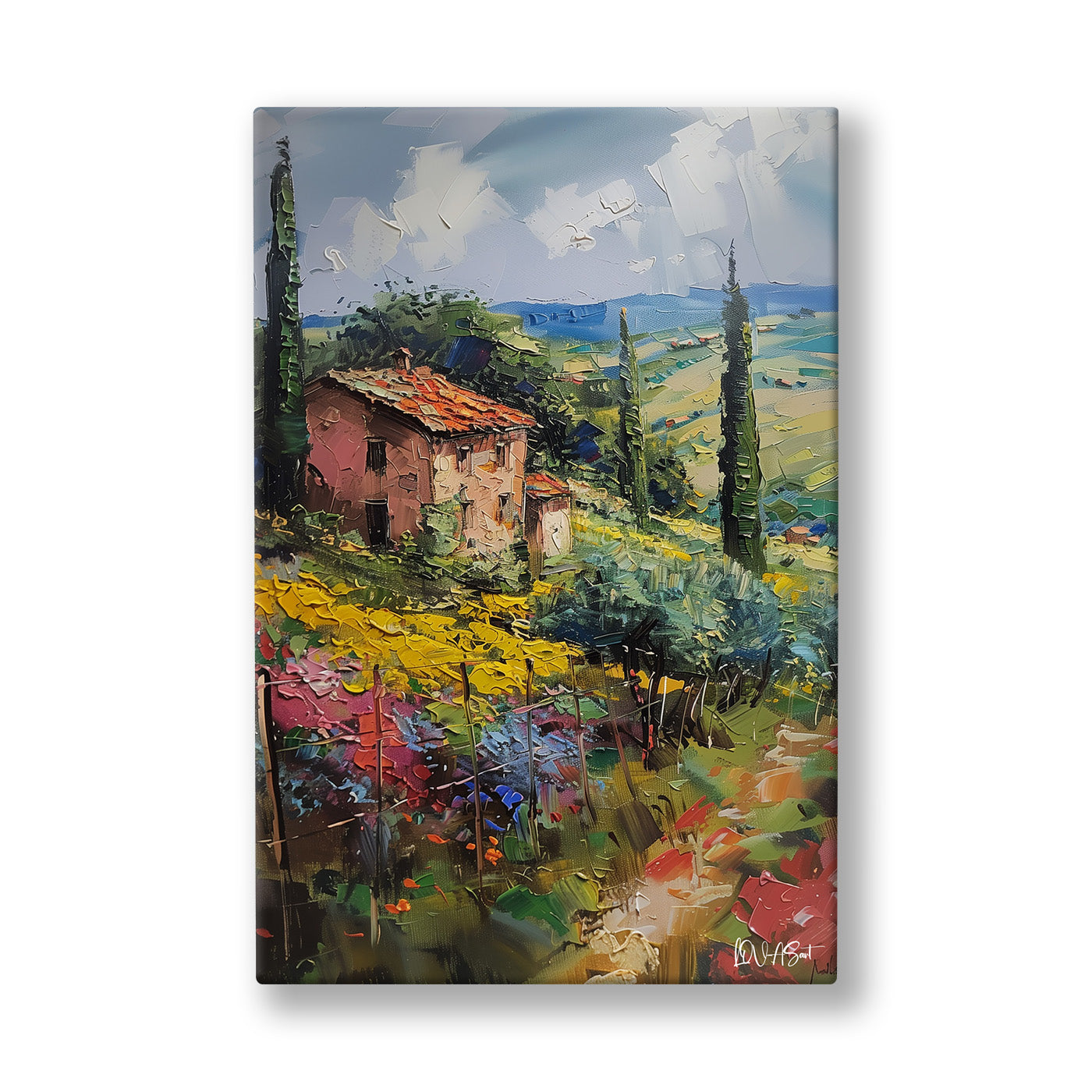 Toskana Evi kanvas tablo — Kiremit çatılı taş evin önünde açan kır çiçekleri ve uzun serviler.