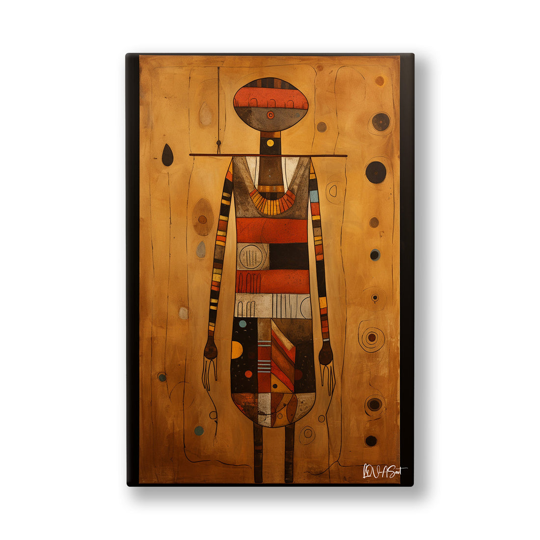 Totem Figürü kanvas tablo — Ahşap dokulu okra zemin üzerinde dimdik duran geometrik bir totem figürü.