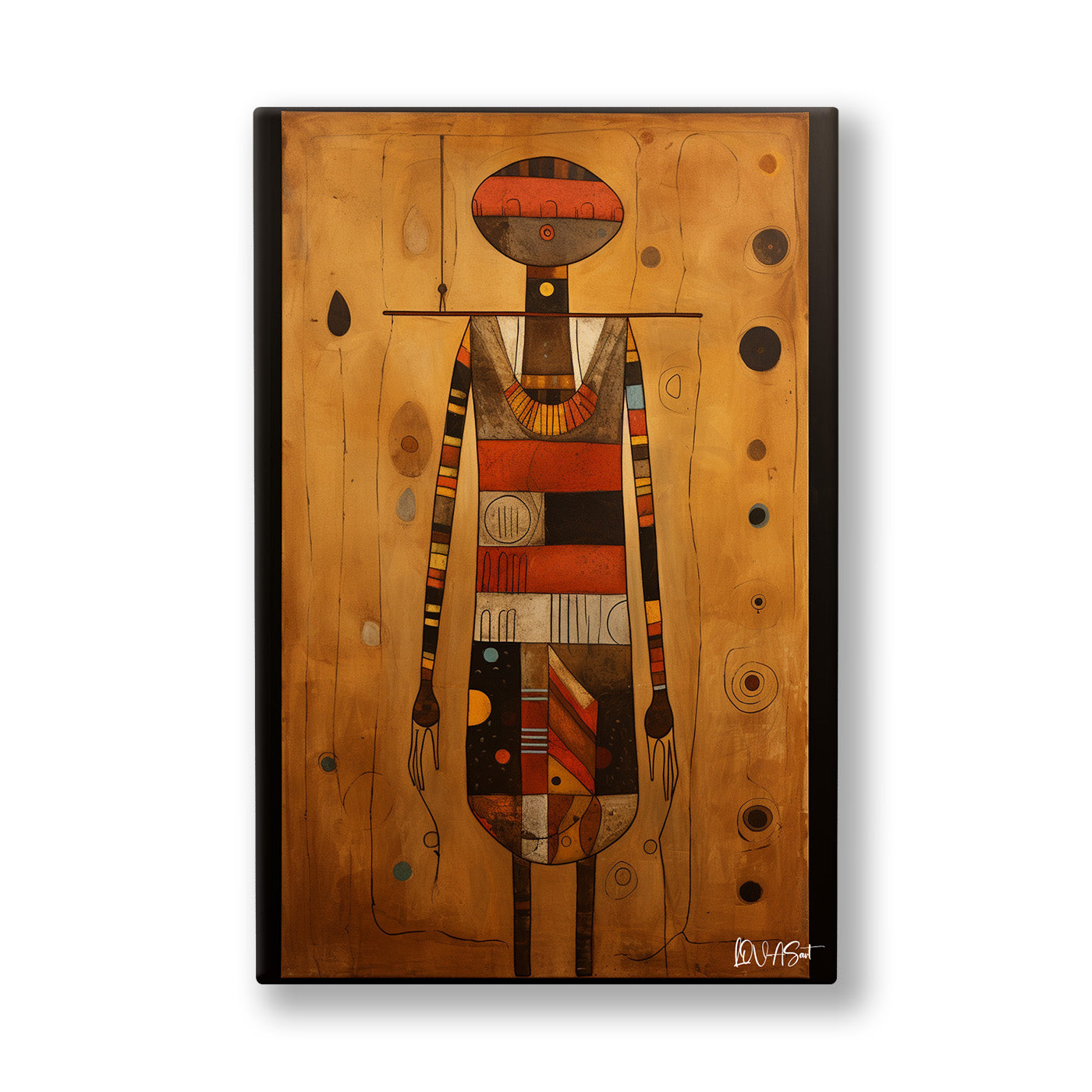 Totem Figürü kanvas tablo — Ahşap dokulu okra zemin üzerinde dimdik duran geometrik bir totem figürü.