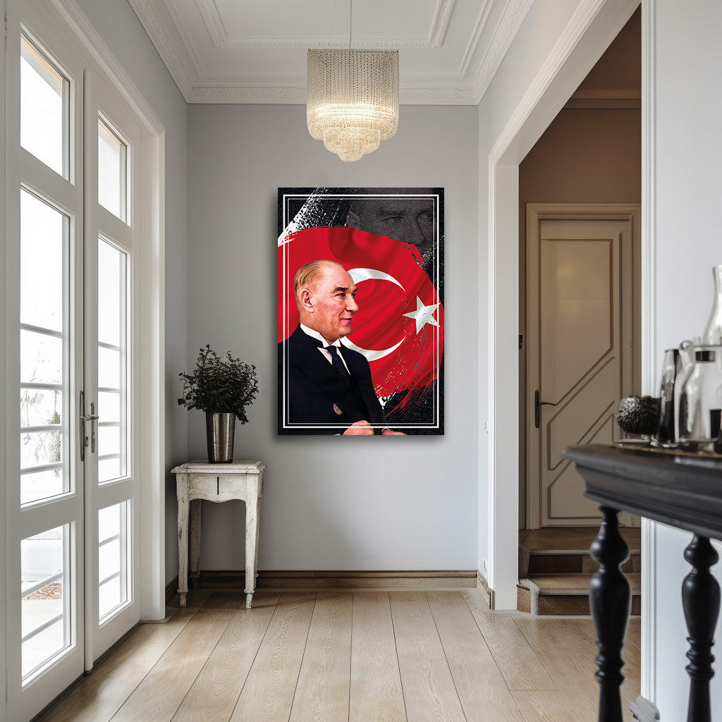 Türk Bayraklı Atatürk Portresi kanvas tablo — duvarda dekorasyon görünümü