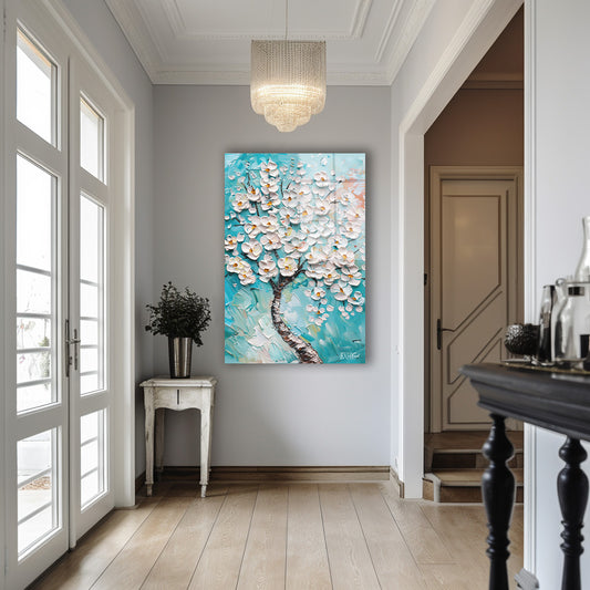 Turkuaz Beyaz Çiçekli Ağaç cam tablo — iç mekân uygulama örneği