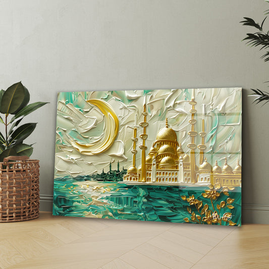 Turkuaz Cami Silueti cam tablo — iç mekân uygulama örneği