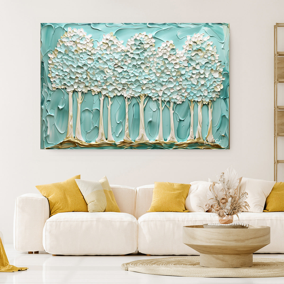Turkuaz Kabartma Ağaçlar 2 kanvas tablo — duvarda dekorasyon görünümü