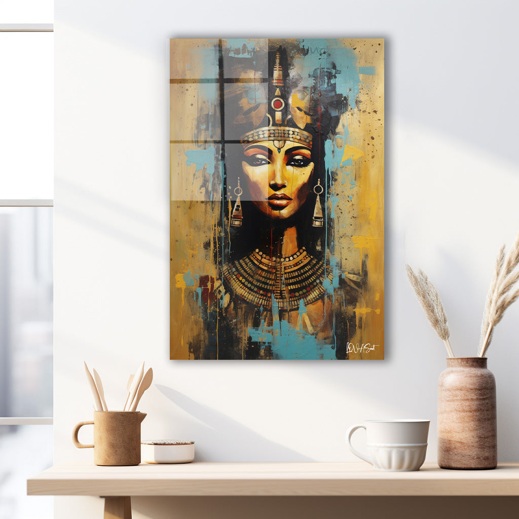 Turkuaz Nefertiti cam tablo — duvarda dekorasyon görünümü