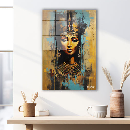 Turkuaz Nefertiti cam tablo — duvarda dekorasyon görünümü