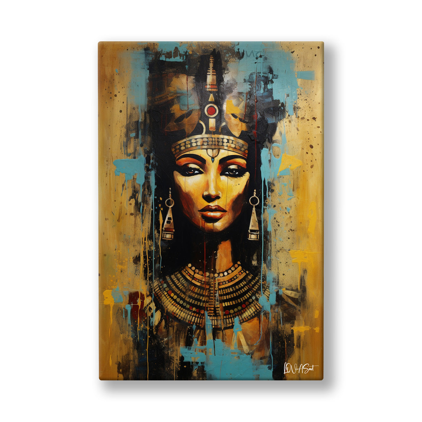 Turkuaz Nefertiti kanvas tablo — Altın başlığı ve turkuaz takılarıyla karşıdan bakan Nefertiti portresi.