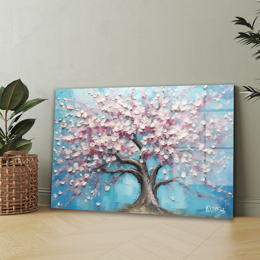 Turkuaz Sakura Ağacı cam tablo — iç mekân uygulama örneği