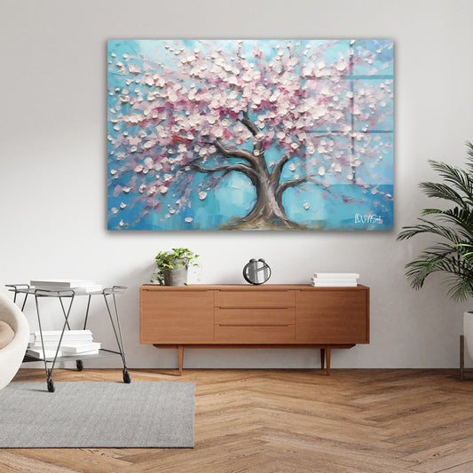 Turkuaz Sakura Ağacı cam tablo — farklı açıdan görünüm