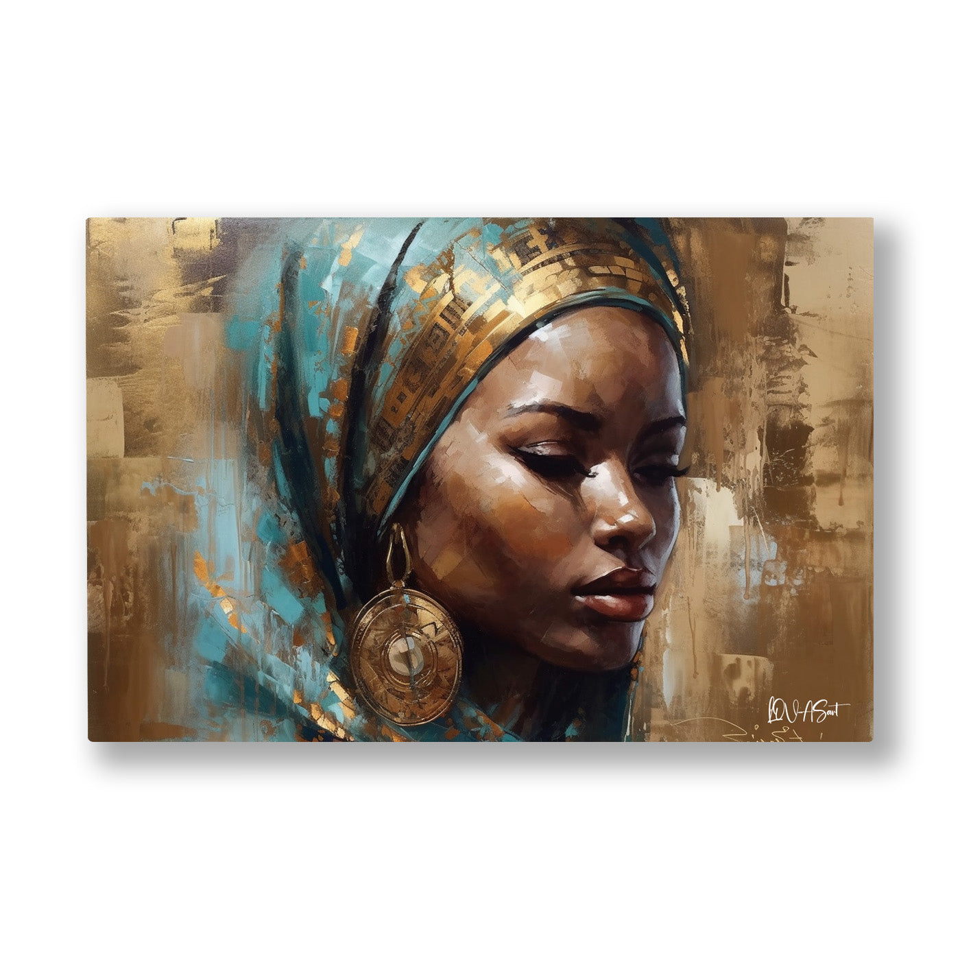 Turkuaz Sarıklı Kadın kanvas tablo — Altın sarısı sarığıyla başını hafifçe eğmiş, sakin bakışlı bir kadın portresi.