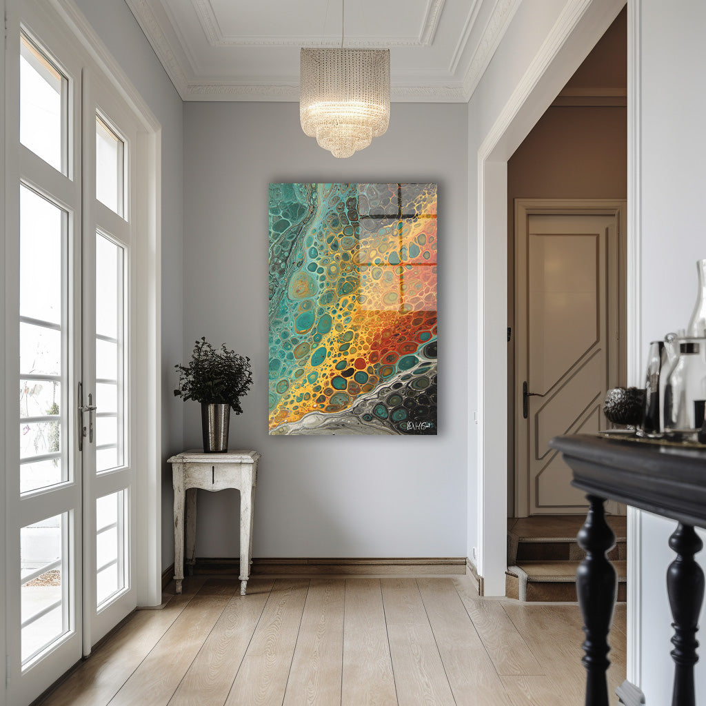 Turkuaz Turuncu Kabarcıklar cam tablo — iç mekân uygulama örneği