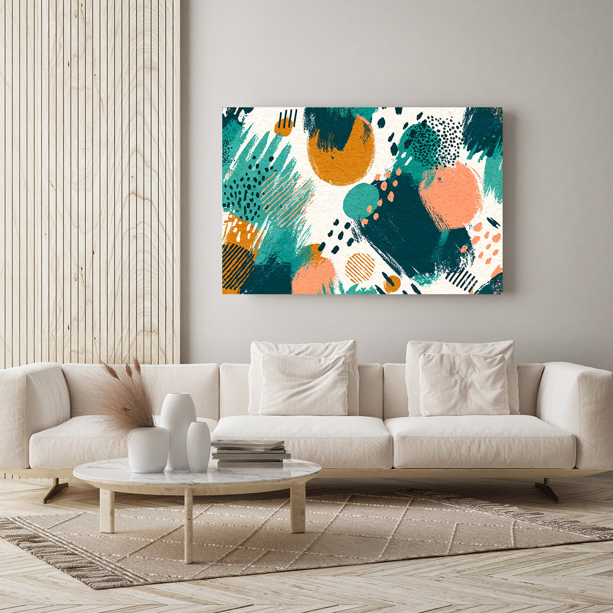 Turkuaz Turuncu Şekiller kanvas tablo — iç mekân uygulama örneği