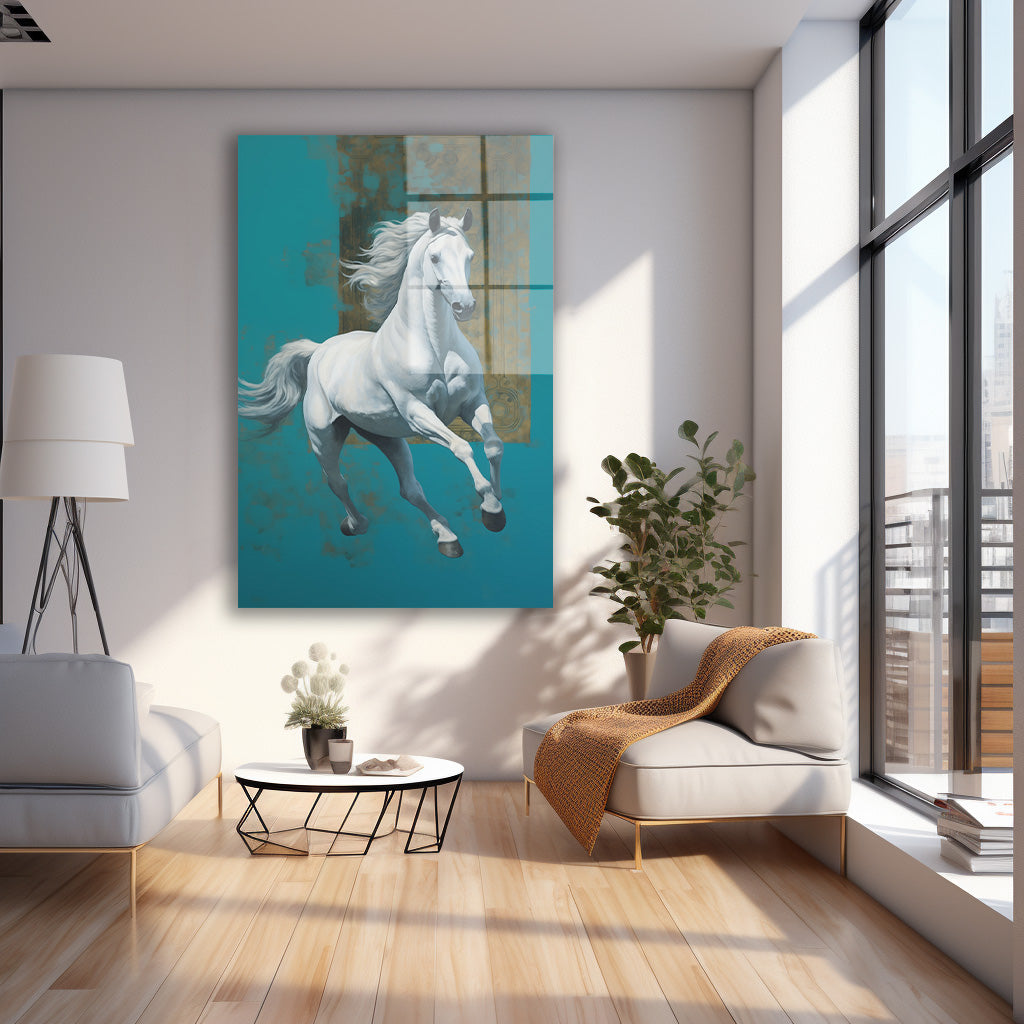 Turkuaz Zeminde Beyaz At 2 cam tablo — farklı açıdan görünüm