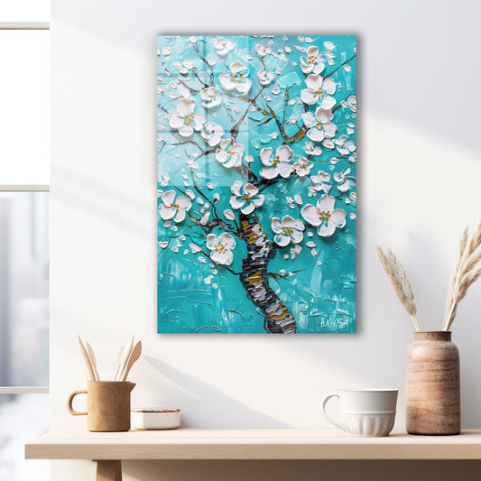 Turkuaz Zeminde Beyaz Çiçekler 2 cam tablo — duvarda dekorasyon görünümü