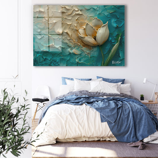 Turkuaz Zeminde Lale cam tablo — iç mekân uygulama örneği