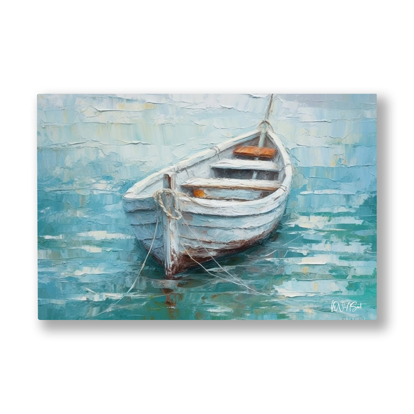 Turkuazda Beyaz Kayık kanvas tablo — Turkuaz suyun üstünde kimseyi beklemeden duran eski beyaz bir kayık.