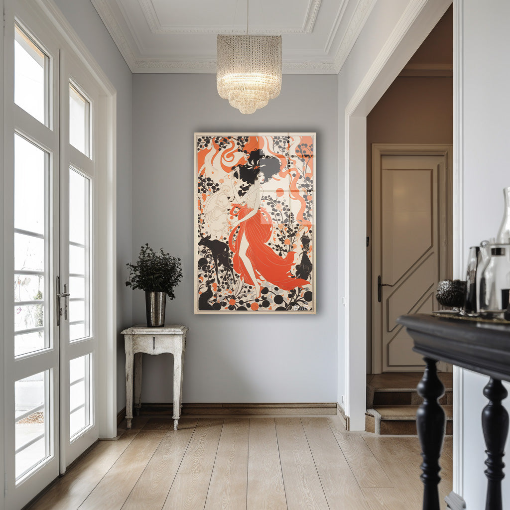 Turuncu Art Deco Kadın cam tablo — iç mekân uygulama örneği