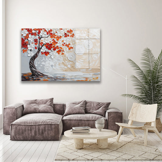 Turuncu Çiçekli Eğri Ağaç cam tablo — farklı açıdan görünüm