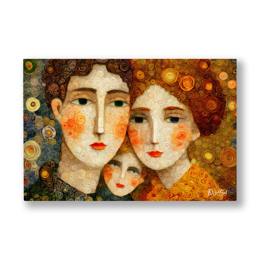 Turuncu Fonlu Aile kanvas tablo — Altın dairelerle bezenmiş bir fonda yan yana duran üç aile yüzü.