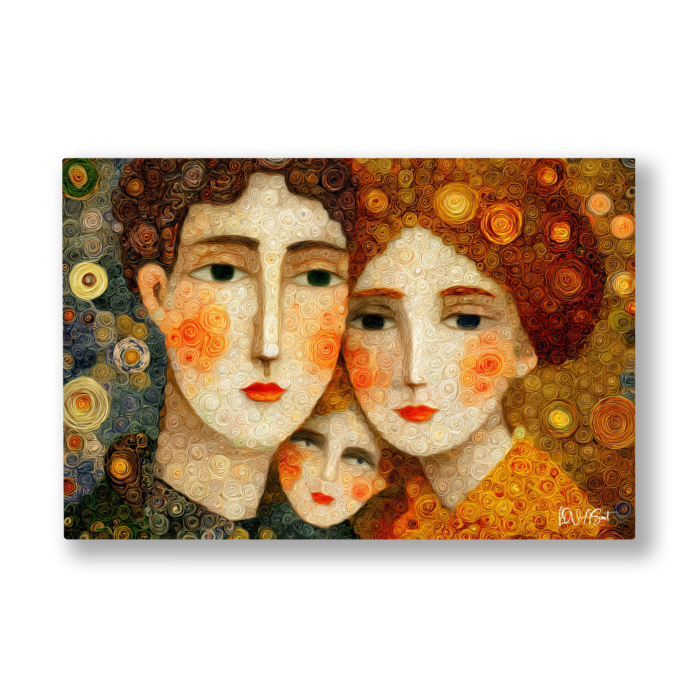 Turuncu Fonlu Aile kanvas tablo — Altın dairelerle bezenmiş bir fonda yan yana duran üç aile yüzü.