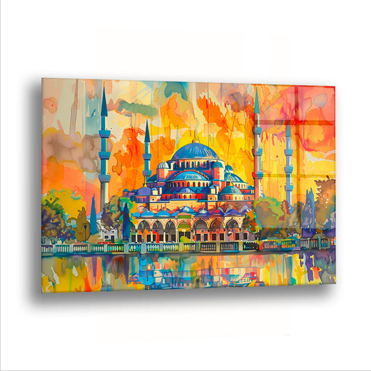 Turuncu Gökte Cami cam tablo — Turuncu bir gökyüzünün altında cami, sularda ikinci kez yükseliyor.