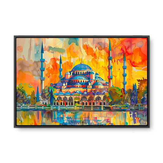 Turuncu Gökte Cami - Kalın Metal Çerçeveli Kanvas Tablo