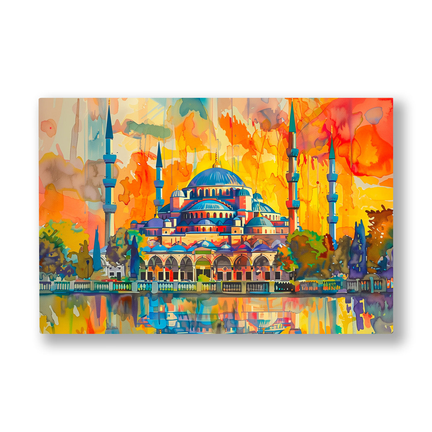 Turuncu Gökte Cami kanvas tablo — Alev alev bir gün batımı İstanbul siluetinin kubbelerini altınla kaplıyor.