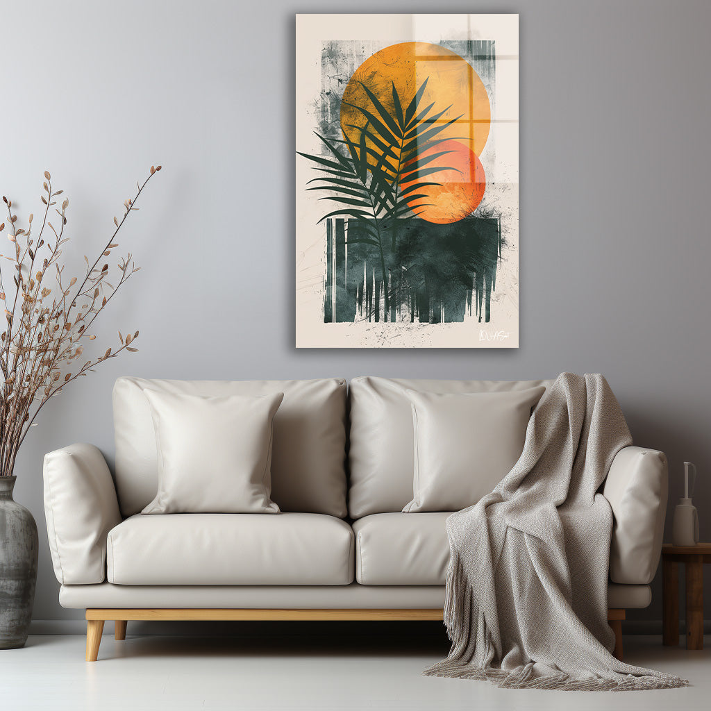 Turuncu Güneş ve Palmiye Yaprakları cam tablo — iç mekân uygulama örneği