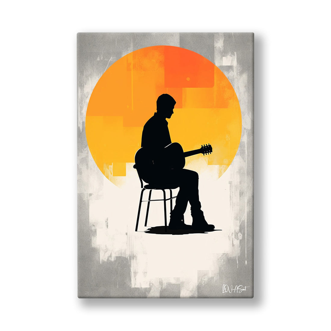 Turuncu Güneşte Gitarist kanvas tablo — Turuncu güneş dairesinin önünde bir gitarist siluetiyle çalıyor.