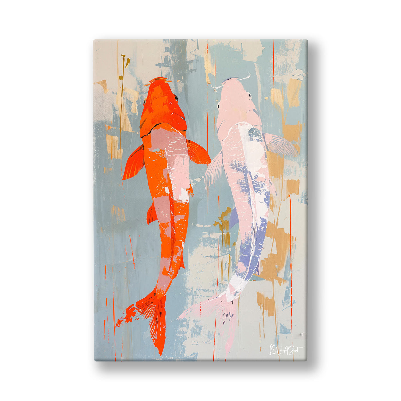 Turuncu Koi Balıkları kanvas tablo — Soluk mavi bir yüzeyde turuncu ve beyaz koi balıkları yan yana yüzüyor.
