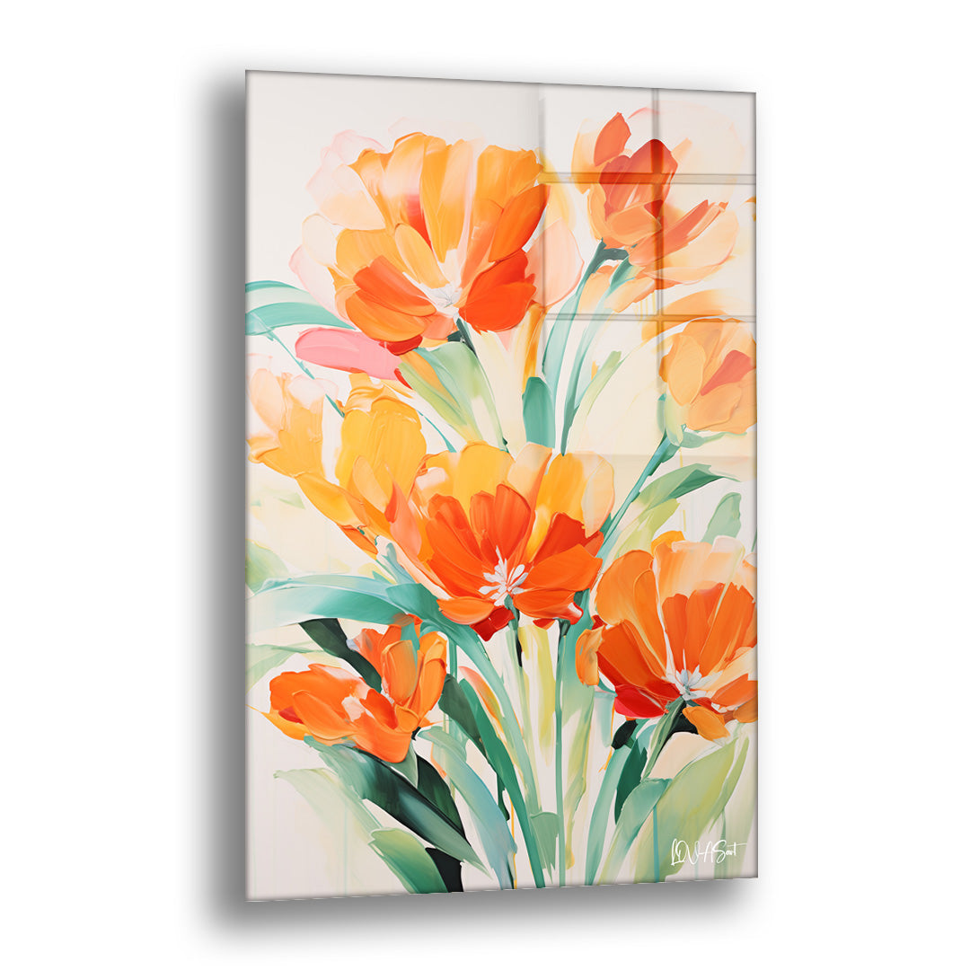 Turuncu Laleler cam tablo — krem bir zeminde açık turuncu laleleri turkuaz saplarla birleştiren hafif ve taze bir çiçek tablo