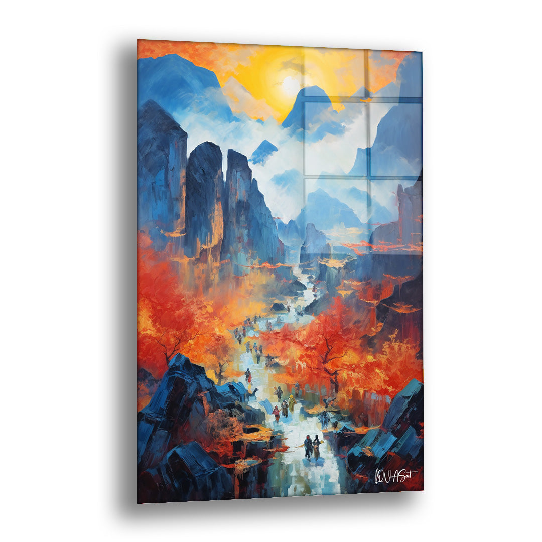 Turuncu Mavi Vadi cam tablo — mavi dağlar ve turuncu ağaçlar arasından akan bir vadiyi sarı güneş ışığıyla gösteren dramatik 