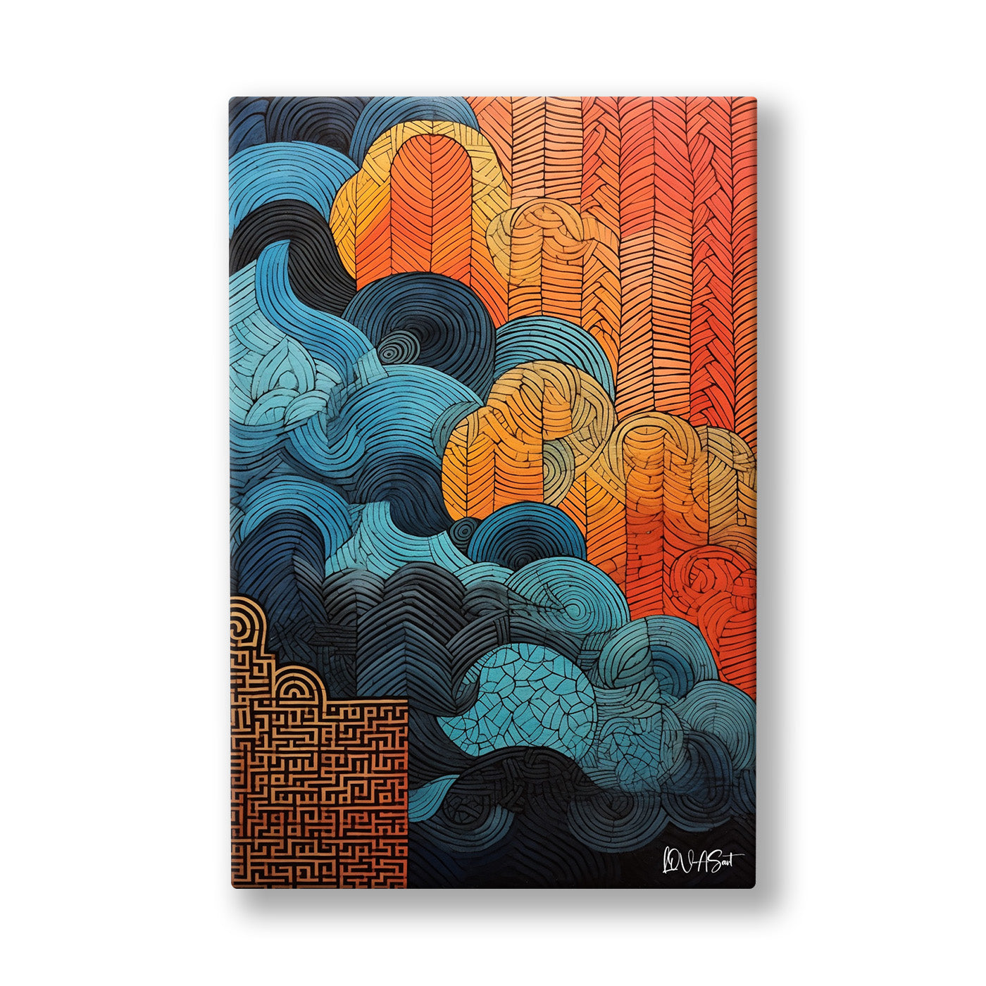 Turuncu Turkuaz Desen kanvas tablo — Turuncu tuğla desenlerin arasından kıvrılan lacivert dalgaların ritmi.