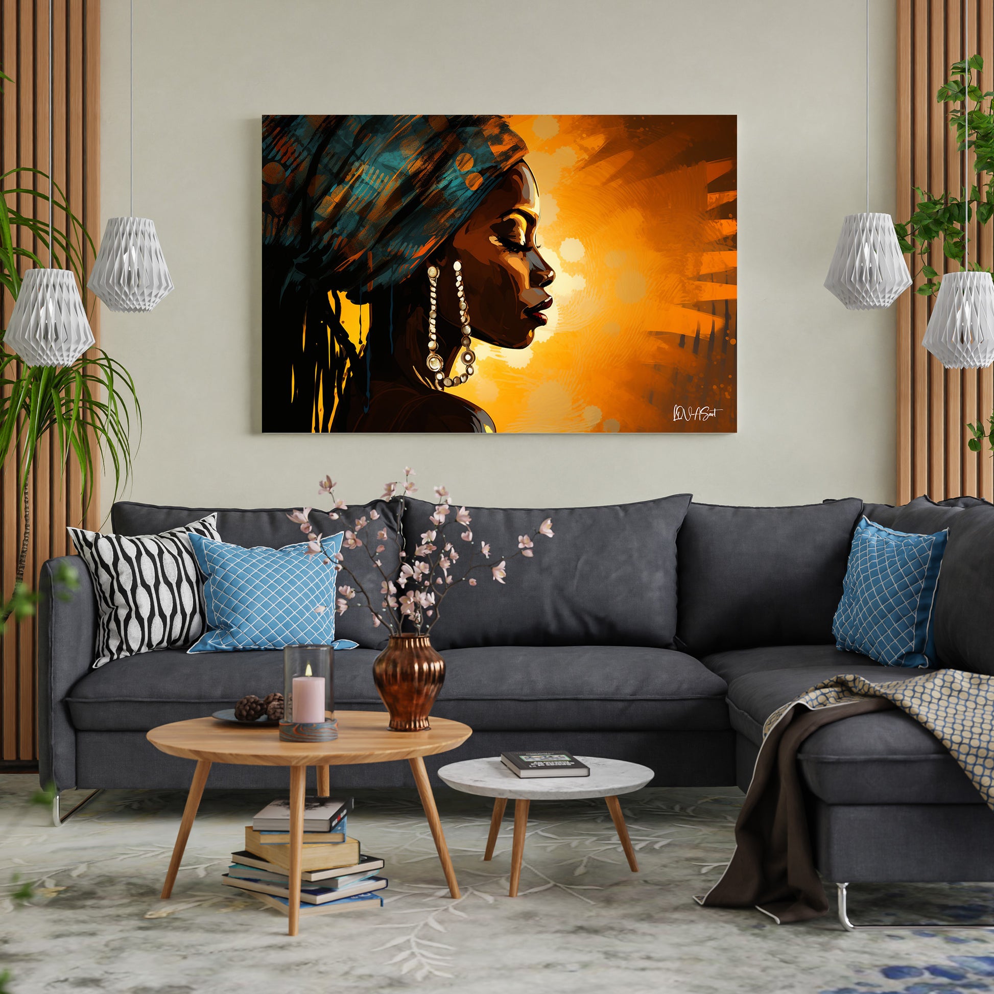Turuncu Zeminde Afrikalı Kadın kanvas tablo — farklı açıdan görünüm