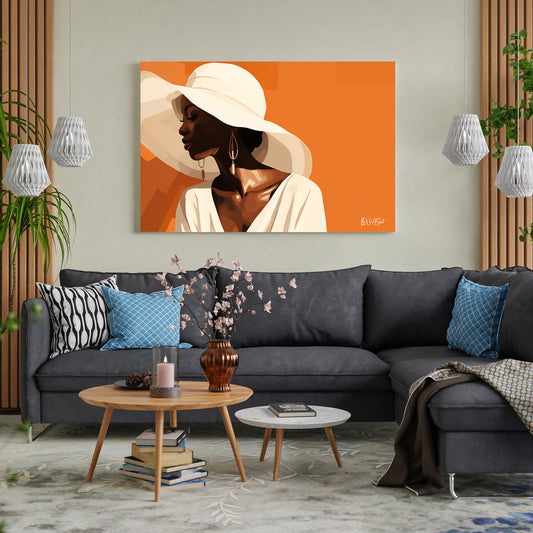 Turuncu Zeminde Şapkalı Kadın kanvas tablo — farklı açıdan görünüm