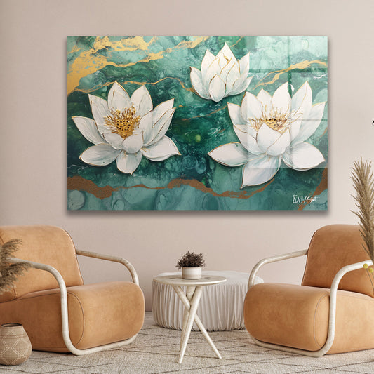 Üç Lotus cam tablo — duvarda dekorasyon görünümü