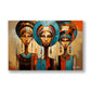 Üç Renkli Kadın kanvas tablo — Turkuaz ve turuncu başlıklarıyla üç kadın etnik bir ritim içinde duruyor.