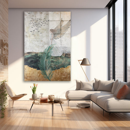 Uçan Beyaz Kuş 3 cam tablo — iç mekân uygulama örneği