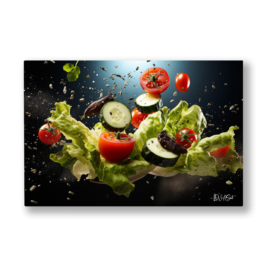 Uçuşan Sebzeler kanvas tablo — Marul yaprakları ve domates dilimleri siyahlığın içinde havalanıyor.