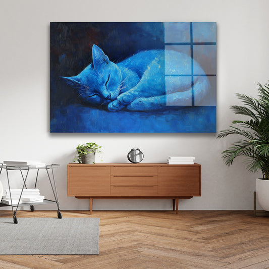 Uyuyan Mavi Kedi cam tablo — iç mekân uygulama örneği