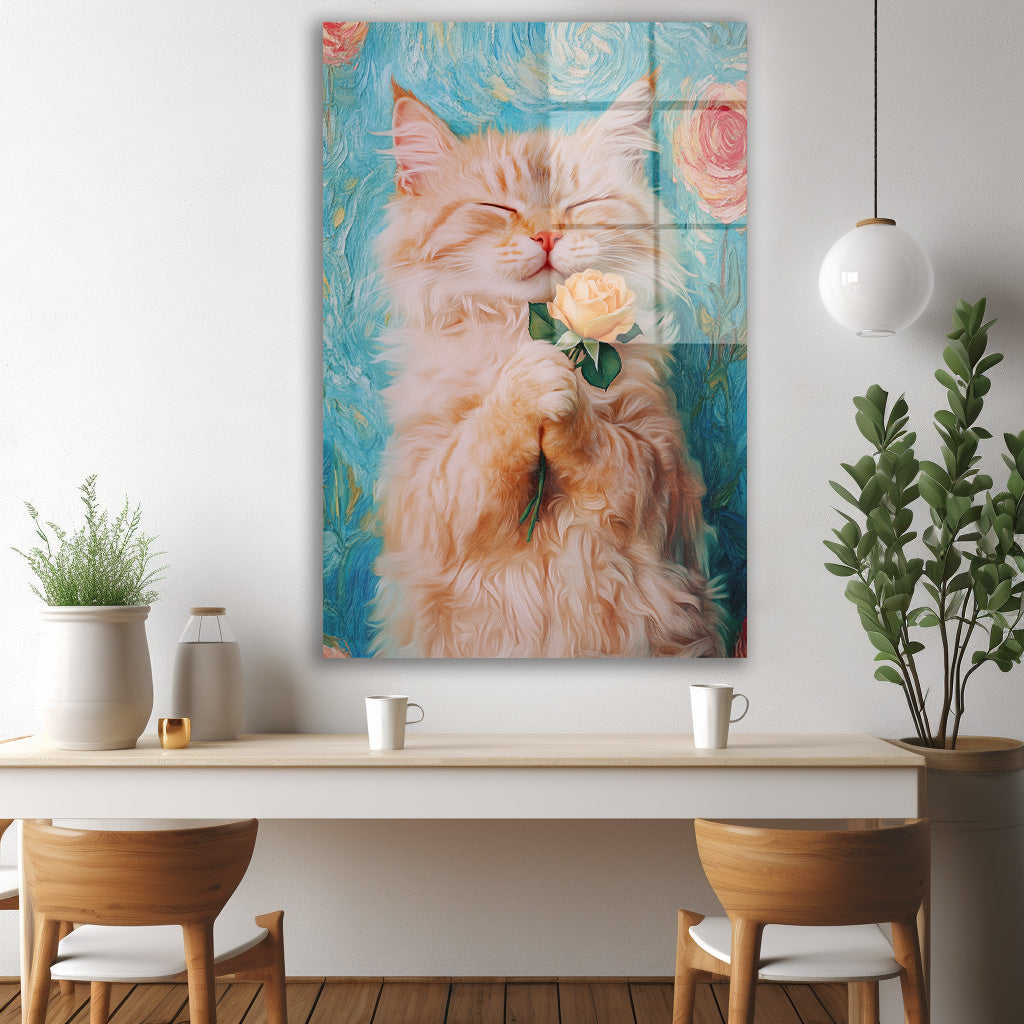Uyuyan Sarı Kedi cam tablo — iç mekân uygulama örneği