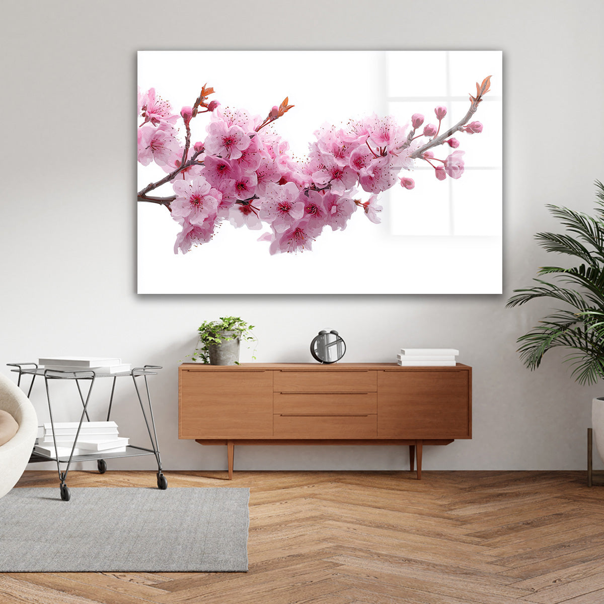 Uzanan Sakura Dalı cam tablo — farklı açıdan görünüm