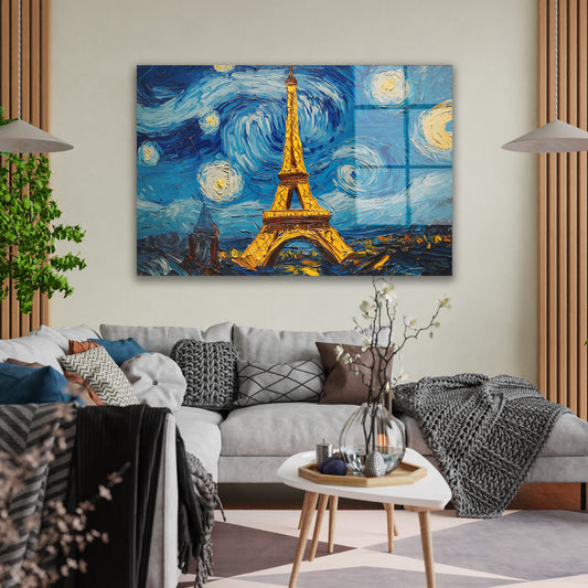 Van Gogh Tarzı Eyfel cam tablo — duvarda dekorasyon görünümü