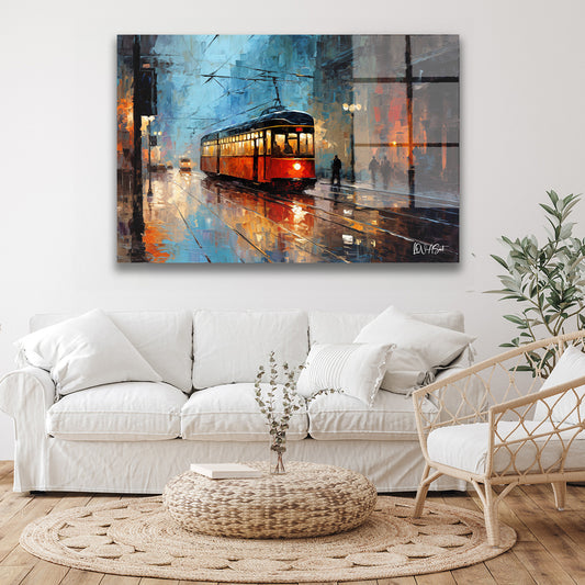 Yağmurda Kırmızı Tramvay cam tablo — duvarda dekorasyon görünümü