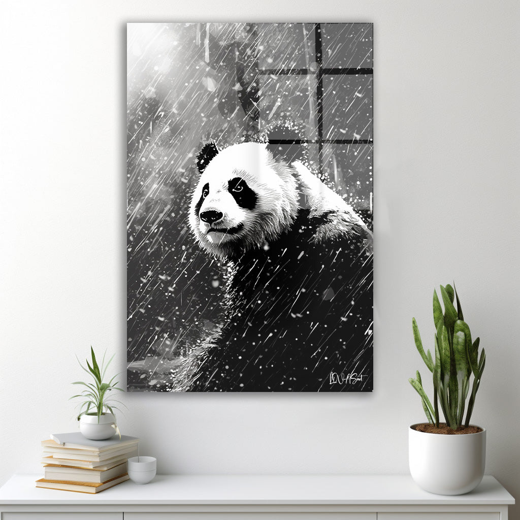 Yağmurda Panda cam tablo — duvarda dekorasyon görünümü