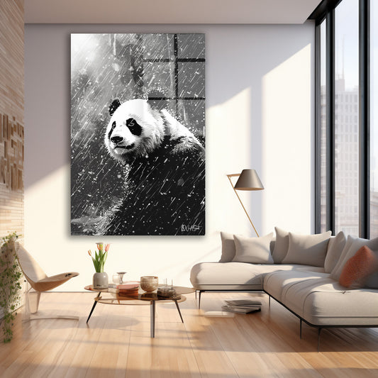 Yağmurda Panda cam tablo — iç mekân uygulama örneği